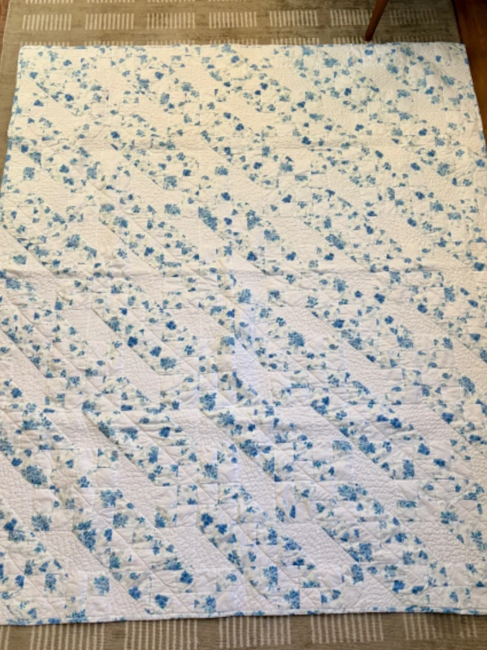 Handmade Jacob's Ladder Quilt Blue White Floral Throw Lap Quilt 58x69 Cotton